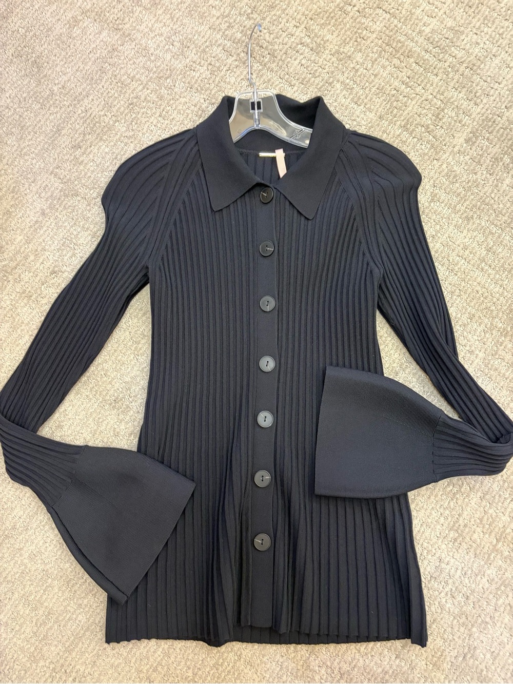 Alexis Black Ribbed Button-Front Sweater with Flared Cuffs